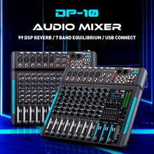 Charger l'image dans la galerie, Audio Mixer 10 Channel Professional Stereo Sound Mixer with 99 DSP Reverb / 7 Band Balance/USB Port, Input 48 V Phantom Power, One Click Mute for Recording DJ Stage Music Application