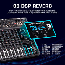 Charger l'image dans la galerie, Audio Mixer 10 Channel Professional Stereo Sound Mixer with 99 DSP Reverb / 7 Band Balance/USB Port, Input 48 V Phantom Power, One Click Mute for Recording DJ Stage Music Application