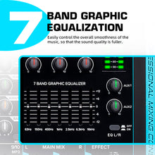 Charger l'image dans la galerie, Audio Mixer 10 Channel Professional Stereo Sound Mixer with 99 DSP Reverb / 7 Band Balance/USB Port, Input 48 V Phantom Power, One Click Mute for Recording DJ Stage Music Application