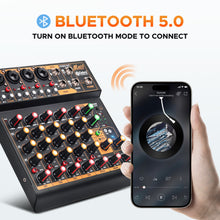 Load image into Gallery viewer, Audio Mixer Mini6 Professional,Sounds Mixer for Streaming,6 Channel Audio Mixer,Usb Audio Interface and 48V Phantom Power Bluetooth for Podcasting Mixer,Live Performance, Recording, DJ, PC