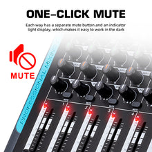 Charger l'image dans la galerie, Audio Mixer 10 Channel Professional Stereo Sound Mixer with 99 DSP Reverb / 7 Band Balance/USB Port, Input 48 V Phantom Power, One Click Mute for Recording DJ Stage Music Application