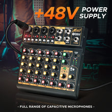 Load image into Gallery viewer, Audio Mixer Mini6 Professional,Sounds Mixer for Streaming,6 Channel Audio Mixer,Usb Audio Interface and 48V Phantom Power Bluetooth for Podcasting Mixer,Live Performance, Recording, DJ, PC