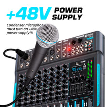 Charger l'image dans la galerie, Audio Mixer 10 Channel Professional Stereo Sound Mixer with 99 DSP Reverb / 7 Band Balance/USB Port, Input 48 V Phantom Power, One Click Mute for Recording DJ Stage Music Application