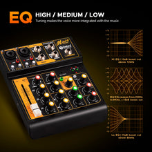 Carregar imagem no visualizador da galeria, D Debra Professional Audio Mixer Mini4, 4 Channel Sound Board Mixing Console with Bluetooth, Mic Preamps & TypeC, OTG Audio Interface for PC Smartphone Studio Recording Webcast