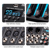 Charger l'image dans la galerie, Audio Mixer 10 Channel Professional Stereo Sound Mixer with 99 DSP Reverb / 7 Band Balance/USB Port, Input 48 V Phantom Power, One Click Mute for Recording DJ Stage Music Application