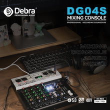 Load image into Gallery viewer, D Debra Pro Audio Mixer DG04S, 4-Channel Sound Board Mixing Console With USB 99 DSP Digital Effects Mic Preamps for PC Smartphone Studio Recording Webcast