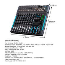 Charger l'image dans la galerie, Audio Mixer 10 Channel Professional Stereo Sound Mixer with 99 DSP Reverb / 7 Band Balance/USB Port, Input 48 V Phantom Power, One Click Mute for Recording DJ Stage Music Application