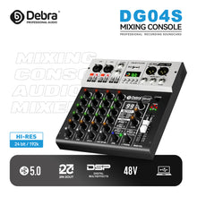 Load image into Gallery viewer, D Debra Pro Audio Mixer DG04S, 4-Channel Sound Board Mixing Console With USB 99 DSP Digital Effects Mic Preamps for PC Smartphone Studio Recording Webcast