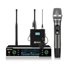 Cargar imagen en el visor de la galería, D Debra Audio R202 Pro 2x100 Channels UHF Wireless Microphone System with Cordless Handheld Lavalier Headset Mics, DSP PLL Anti-Interference, Ideal for Karaoke Church Party