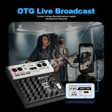 Load image into Gallery viewer, D Debra Pro Audio Mixer DG04S, 4-Channel Sound Board Mixing Console With USB 99 DSP Digital Effects Mic Preamps for PC Smartphone Studio Recording Webcast