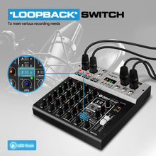 Load image into Gallery viewer, D Debra Pro Audio Mixer DG04S, 4-Channel Sound Board Mixing Console With USB 99 DSP Digital Effects Mic Preamps for PC Smartphone Studio Recording Webcast