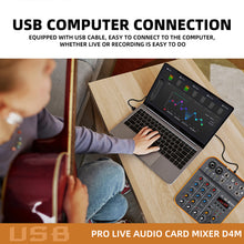 Laden Sie das Bild in den Galerie-Viewer, D Debra Audio D4M Audio Mixer, 4-Channel Portable DJ Mixer Console with MP3 USB Bluetooth, 48V Phantom Power, Mini Sound Mixing Board for Live, Wedding, Party, Recording Broadcast