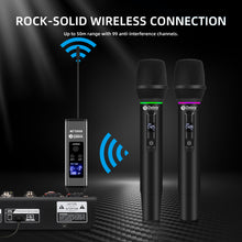 Laden Sie das Bild in den Galerie-Viewer, D Debra Audio WL200S 2.4G Wireless Microphone Set with Dynamic RGB Lighting, 2 Handheld Mics, 50m Range, 99 Anti-Interference Channels, Heart-Shaped Pickup for Home Karaoke & Parties
