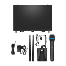 Carregar imagem no visualizador da galeria, D Debra Audio AU200 Pro UHF 2 Channel Wireless Microphone System with Cordless Handheld Lavalier Headset Mics, Metal Receiver, Ideal for Karaoke Church Party