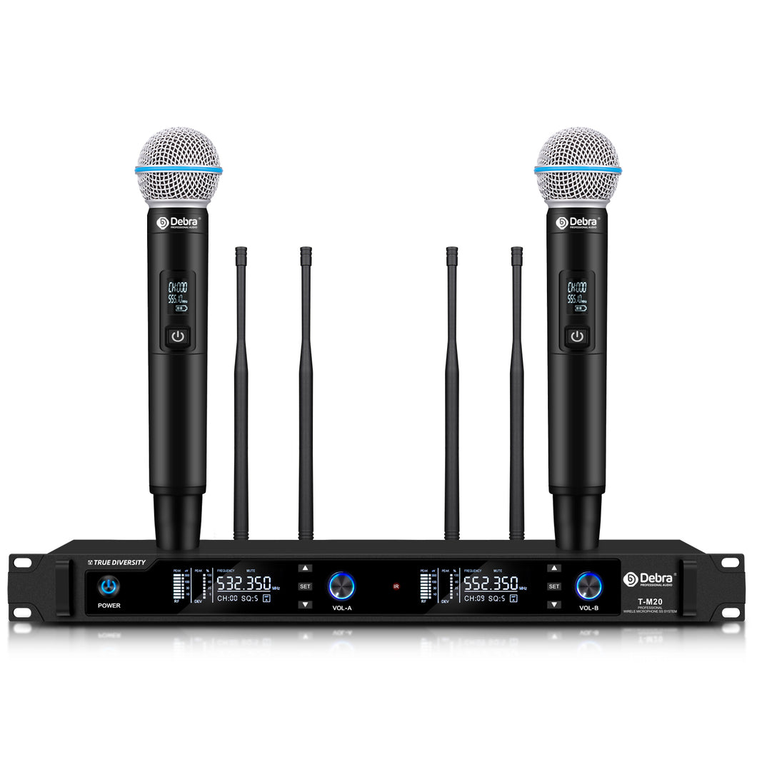 D Debra Audio T-M20 Wireless Microphone System - Pro UHF Automatic Search Dual Channel Wireless Mics Set with 490ft Range and 2 Cordless Dynamic Handheld Mics for Singing, Karaoke, Church, Party, and Stage