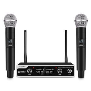 Wireless Microphone System D Debra UHF UBR-102 with Dual Handheld Cordless Mics, 260ft Range, Suitable for Church, Lectures, Karaoke, Weddings, DJ, and Bars