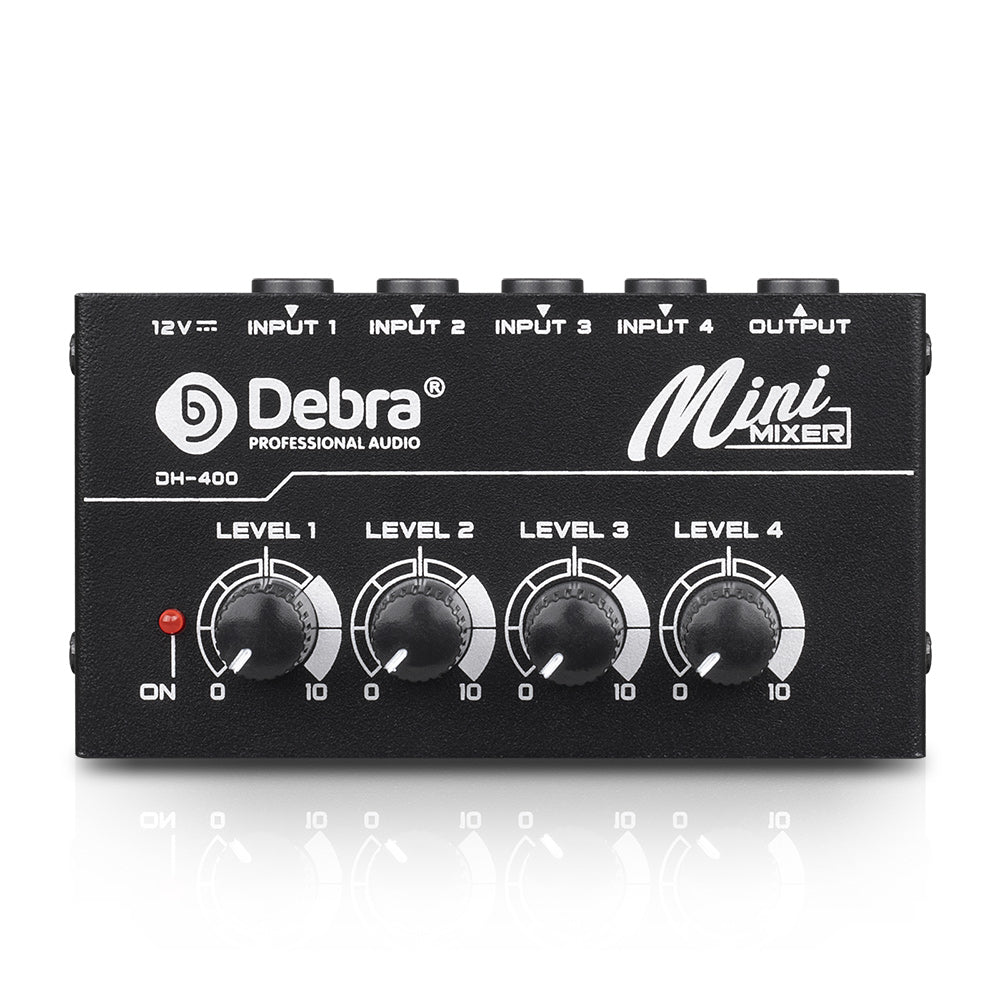 D Debra DH-400 Audio Mixer 4-Channel Line Mixer for Sub-Mixing, Ultra Low-Noise Mini Mixer for Microphones, Guitars, Bass, Keyboards, and Stage Sub Mixing - Perfect for Small Clubs and Bars