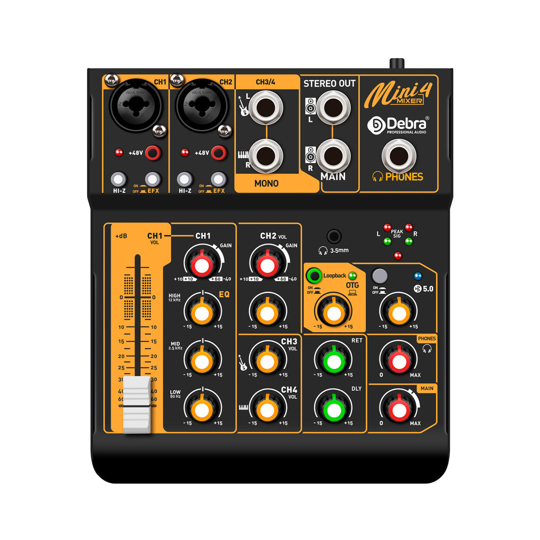 D Debra Professional Audio Mixer Mini4, 4 Channel Sound Board Mixing Console with Bluetooth, Mic Preamps & TypeC, OTG Audio Interface for PC Smartphone Studio Recording Webcast