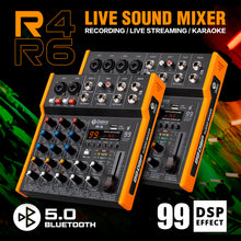 Load image into Gallery viewer, D Debra R4/R6 Professional Portable Multi-Functional Mixer Audio with 99 DSP Reverb Effects Mic Preamps and USB for DJ Mixer Console Karaoke Home Recording Studio
