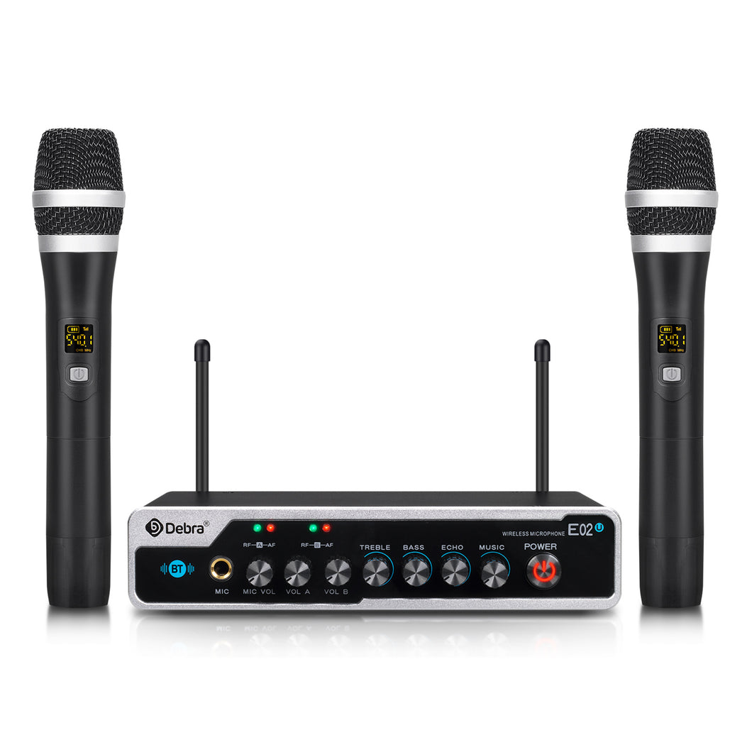 D Debra Audio E02U UHF Dual-Channel Wireless Microphone System with DSP Reverb Volume Control, 164 Feet Range for Karaoke Church Party