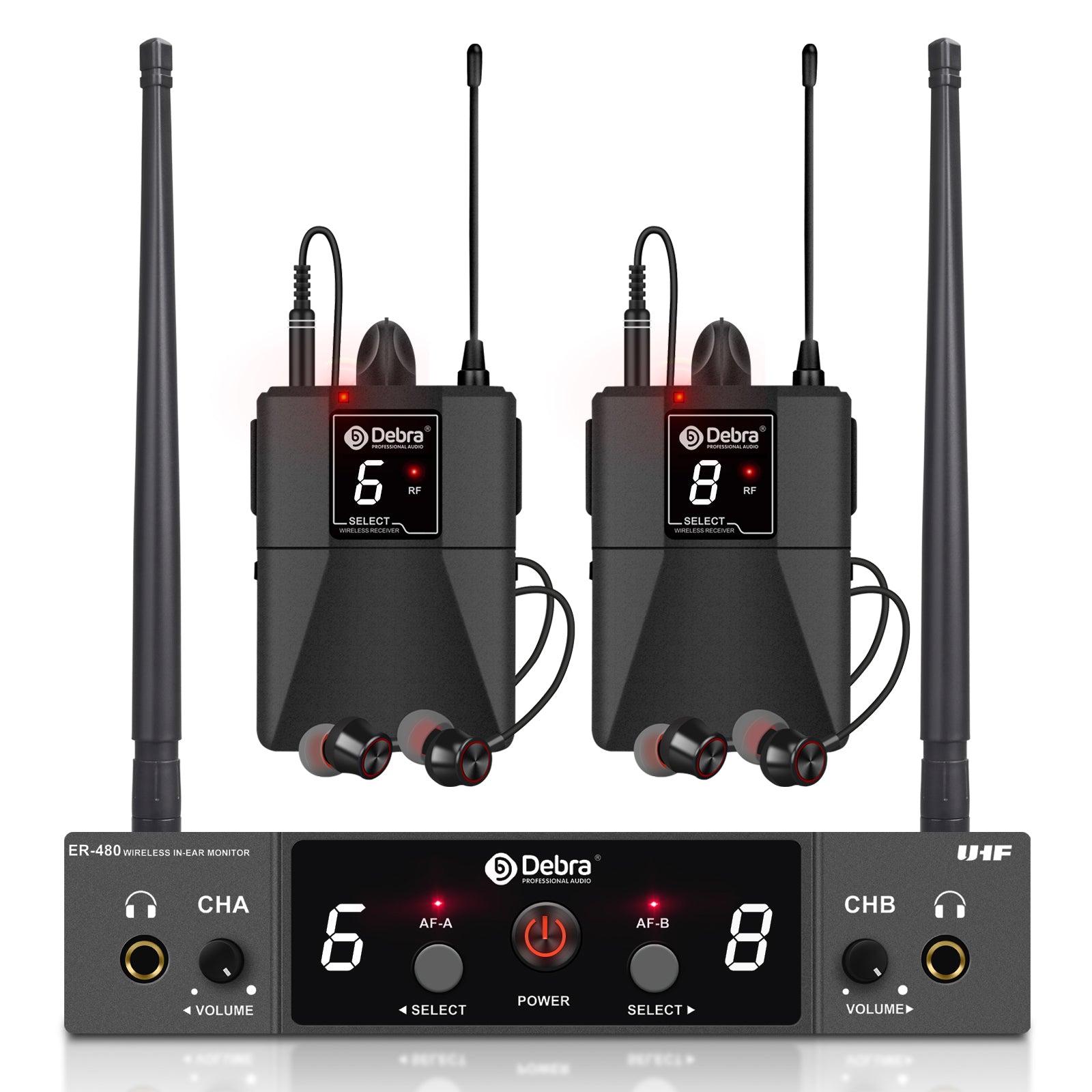 D Debra ST-102 UHF Stereo Wireless in Ear Monitor System,Wireless IEM mit Bodypacks und Headsets,530-580Mhz Sender und Empfänger,Ideal für Bühne, Studio,Sprache