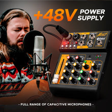 Carregar imagem no visualizador da galeria, D Debra Professional Audio Mixer Mini4, 4 Channel Sound Board Mixing Console with Bluetooth, Mic Preamps &amp; TypeC, OTG Audio Interface for PC Smartphone Studio Recording Webcast
