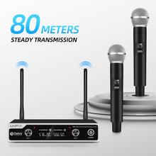 Load image into Gallery viewer, Wireless Microphone System D Debra UHF UBR-102 with Dual Cordless Mics, 260ft Range, Suitable for Church, Lectures, Karaoke, Weddings, DJ, and Bars
