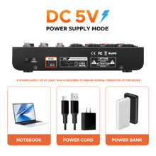 Load image into Gallery viewer, Audio Mixer Mini6 Professional,Sounds Mixer for Streaming,6 Channel Audio Mixer,Usb Audio Interface and 48V Phantom Power Bluetooth for Podcasting Mixer,Live Performance, Recording, DJ, PC
