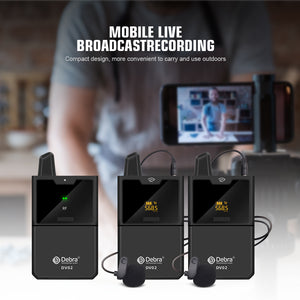Debra Audio DV-01/02 UHF Wireless Microphone System with Lavalier Mic 30 Selectable Channels 50m Range for DSLR Camera Phone Live Recording
