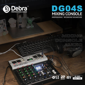 D Debra Pro Audio Mixer DG04S, 4-Channel Sound Board Mixing Console With USB 99 DSP Digital Effects Mic Preamps for PC Smartphone Studio Recording Webcast
