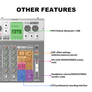 D Debra Pro Audio Mixer DG04S, 4-Channel Sound Board Mixing Console With USB 99 DSP Digital Effects Mic Preamps for PC Smartphone Studio Recording Webcast