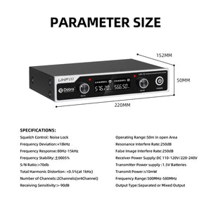 Wireless Microphone System D Debra UHF UBR-102 with Dual Handheld Cordless Mics, 260ft Range, Suitable for Church, Lectures, Karaoke, Weddings, DJ, and Bars