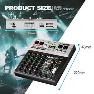 D Debra Pro Audio Mixer DG04S, 4-Channel Sound Board Mixing Console With USB 99 DSP Digital Effects Mic Preamps for PC Smartphone Studio Recording Webcast