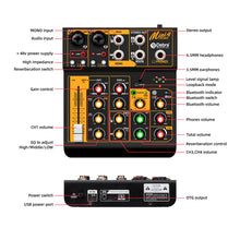 Carregar imagem no visualizador da galeria, D Debra Professional Audio Mixer Mini4, 4 Channel Sound Board Mixing Console with Bluetooth, Mic Preamps &amp; TypeC, OTG Audio Interface for PC Smartphone Studio Recording Webcast
