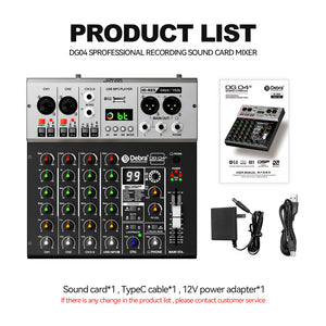D Debra Pro Audio Mixer DG04S, 4-Channel Sound Board Mixing Console With USB 99 DSP Digital Effects Mic Preamps for PC Smartphone Studio Recording Webcast
