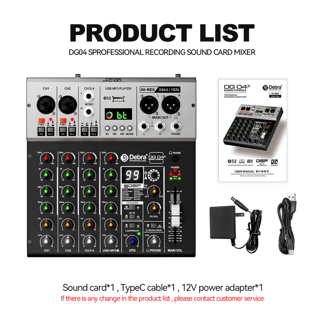 D Debra Pro Audio Mixer DG04S, 4-Channel Sound Board Mixing Console With USB 99 DSP Digital Effects Mic Preamps for PC Smartphone Studio Recording Webcast