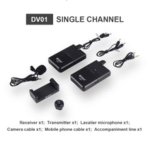 Load image into Gallery viewer, Debra Audio DV-01/02 UHF Wireless Microphone System with Lavalier Mic 30 Selectable Channels 50m Range for DSLR Camera Phone Live Recording
