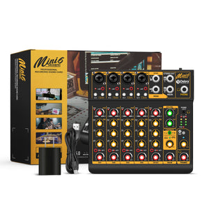 Audio Mixer Mini6 Professional,Sounds Mixer for Streaming,6 Channel Audio Mixer,Usb Audio Interface and 48V Phantom Power Bluetooth for Podcasting Mixer,Live Performance, Recording, DJ, PC