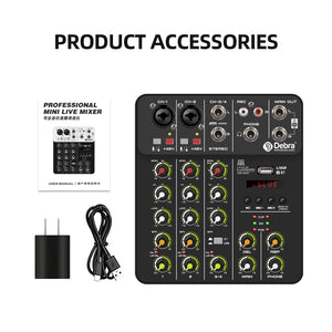Audio Mixer D Debra Audio V4 4-channel DJ Mixer Console with MP3 USB Bluetooth, 48V Phantom Power, Sound Mixing Board for Live, Wedding, Party, Recording Broadcast