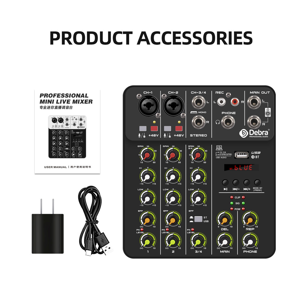 Audio Mixer D Debra Audio V4 4-channel DJ Mixer Console with MP3 USB Bluetooth, 48V Phantom Power, Sound Mixing Board for Live, Wedding, Party, Recording Broadcast