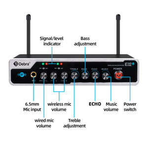D Debra Audio E02U UHF Dual-Channel Wireless Microphone System with DSP Reverb Volume Control, 164 Feet Range for Karaoke Church Party