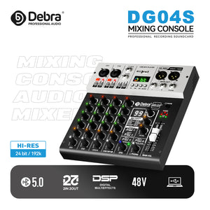 D Debra Pro Audio Mixer DG04S, 4-Channel Sound Board Mixing Console With USB 99 DSP Digital Effects Mic Preamps for PC Smartphone Studio Recording Webcast