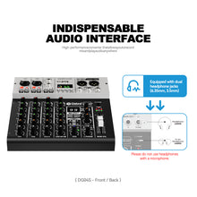 Load image into Gallery viewer, D Debra Pro Audio Mixer DG04S, 4-Channel Sound Board Mixing Console With USB 99 DSP Digital Effects Mic Preamps for PC Smartphone Studio Recording Webcast
