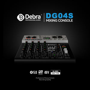 D Debra Pro Audio Mixer DG04S, 4-Channel Sound Board Mixing Console With USB 99 DSP Digital Effects Mic Preamps for PC Smartphone Studio Recording Webcast