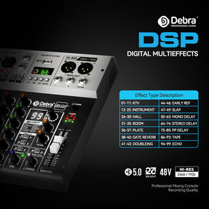 D Debra Pro Audio Mixer DG04S, 4-Channel Sound Board Mixing Console With USB 99 DSP Digital Effects Mic Preamps for PC Smartphone Studio Recording Webcast