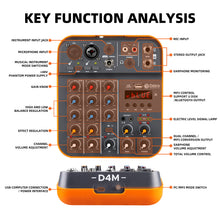 Laden Sie das Bild in den Galerie-Viewer, D Debra Audio D4M Audio Mixer, 4-Channel Portable DJ Mixer Console with MP3 USB Bluetooth, 48V Phantom Power, Mini Sound Mixing Board for Live, Wedding, Party, Recording Broadcast
