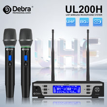 Load image into Gallery viewer, D Debra Audio UL-200H Pro UHF 2-Channel Wireless Microphone System with Metal Handheld Mics Receiver, 7-Color Breathing Indicator Light, Ideal for Karaoke Church Party Wedding
