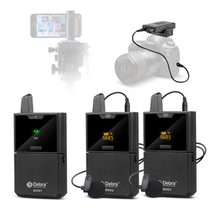 Debra Audio DV-01/02 UHF Wireless Microphone System with Lavalier Mic 30 Selectable Channels 50m Range for DSLR Camera Phone Live Recording