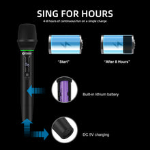 Laden Sie das Bild in den Galerie-Viewer, D Debra Audio WL200S 2.4G Wireless Microphone Set with Dynamic RGB Lighting, 2 Handheld Mics, 50m Range, 99 Anti-Interference Channels, Heart-Shaped Pickup for Home Karaoke &amp; Parties

