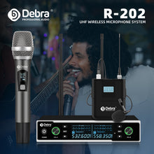 Cargar imagen en el visor de la galería, D Debra Audio R202 Pro 2x100 Channels UHF Wireless  Microphone System with Cordless Handheld Lavalier Headset Mics, DSP PLL Anti-Interference, Ideal for Karaoke Church Party
